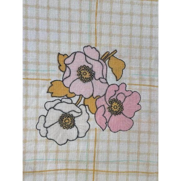 Vintage 70s top/flat sheet, small pink poppy flowers, checkered, twin size - Picture 4 of 8